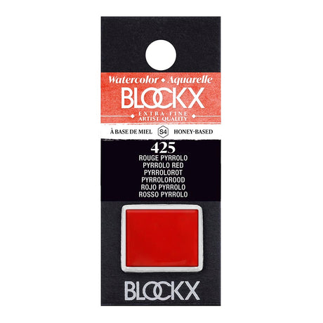 BLOCKX S4 425 Pyrrolo Red watercolour half pan, featuring vibrant, light-resistant semi-transparent pigment for artists.