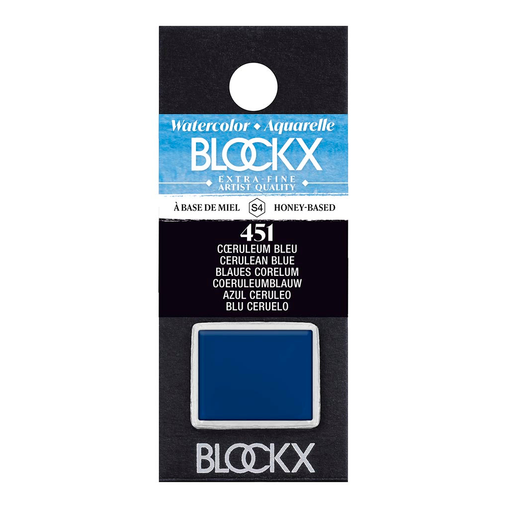 BLOCKX Watercolour Half Pan S4 451 Cerulean Blue featuring vibrant, lightfast pigments for stunning semi-opaque washes.