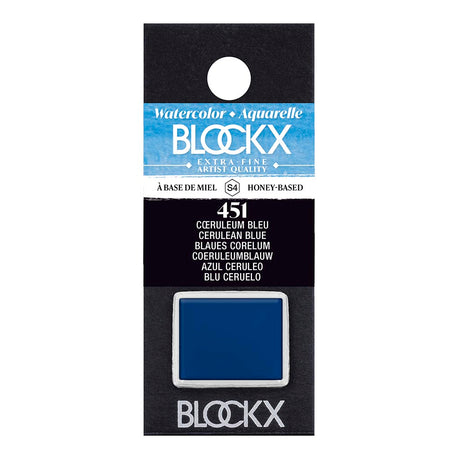 BLOCKX Watercolour Half Pan S4 451 Cerulean Blue featuring vibrant, lightfast pigments for stunning semi-opaque washes.