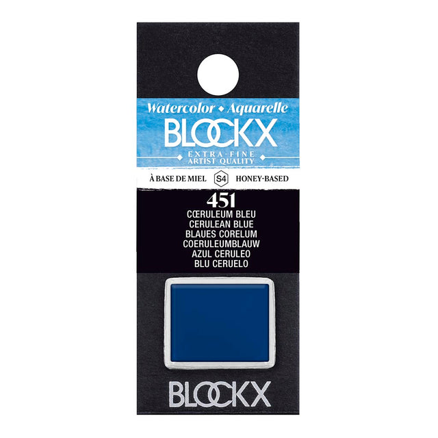 BLOCKX Watercolour Half Pan S4 451 Cerulean Blue featuring vibrant, lightfast pigments for stunning semi-opaque washes.