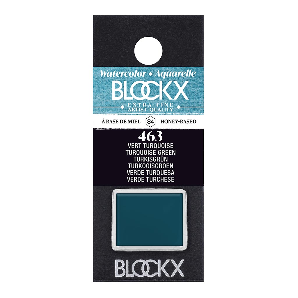 BLOCKX Watercolour Half Pan S4 463 Turquoise Green, a vibrant and semi-opaque pigment crafted with light-resistant materials.