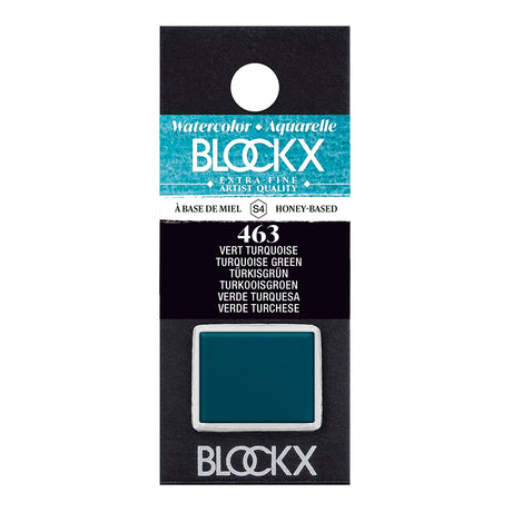 BLOCKX Watercolour Half Pan S4 463 Turquoise Green, a vibrant and semi-opaque pigment crafted with light-resistant materials.