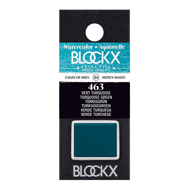 BLOCKX Watercolour Half Pan S4 463 Turquoise Green, a vibrant and semi-opaque pigment crafted with light-resistant materials.