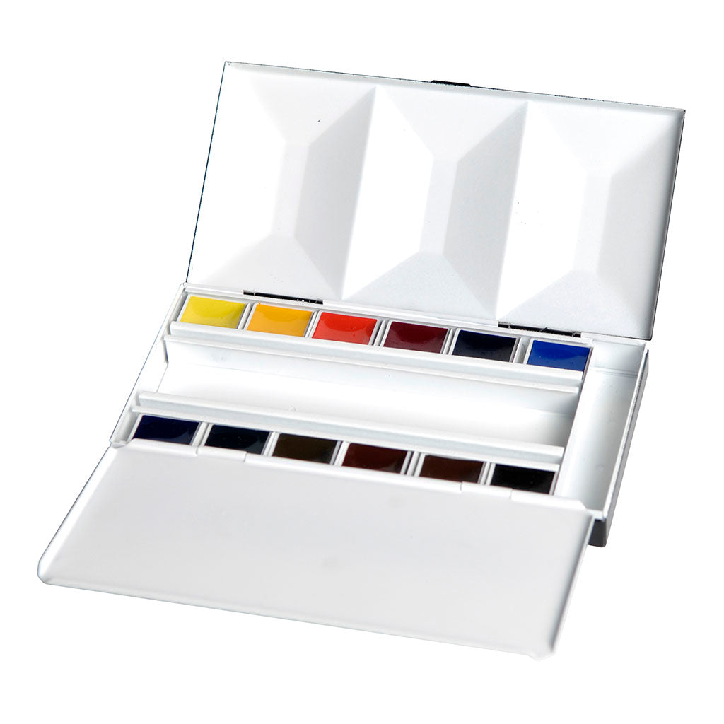 BLOCKX Watercolour Bijou Box with 12 vibrant, light-resistant half pans, crafted in Belgium for artists seeking quality and brilliance.