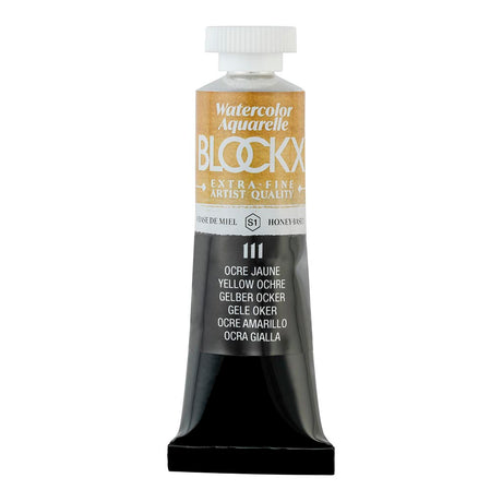 BLOCKX 15ml Yellow Ochre watercolour tube, featuring light-resistant pigments for vibrant, semi-opaque painting.