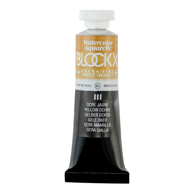 BLOCKX 15ml Yellow Ochre watercolour tube, featuring light-resistant pigments for vibrant, semi-opaque painting.