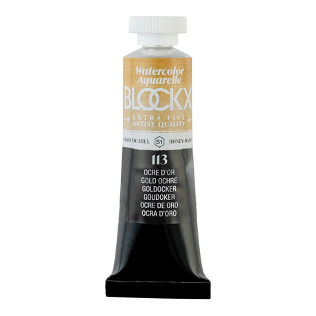 BLOCKX 15ml Watercolour Tube in Golden Ochre, featuring rich, transparent pigments for vibrant, durable artwork.