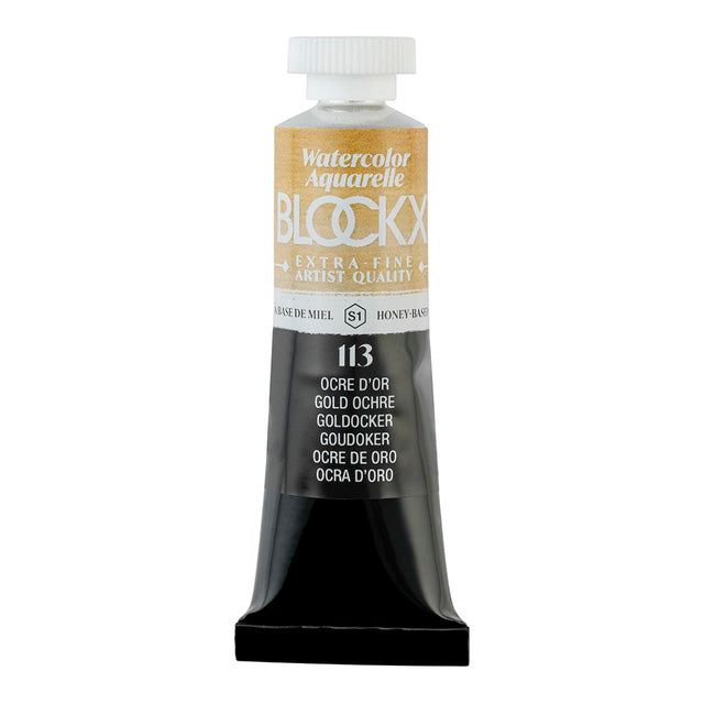 BLOCKX 15ml Watercolour Tube in Golden Ochre, featuring rich, transparent pigments for vibrant, durable artwork.