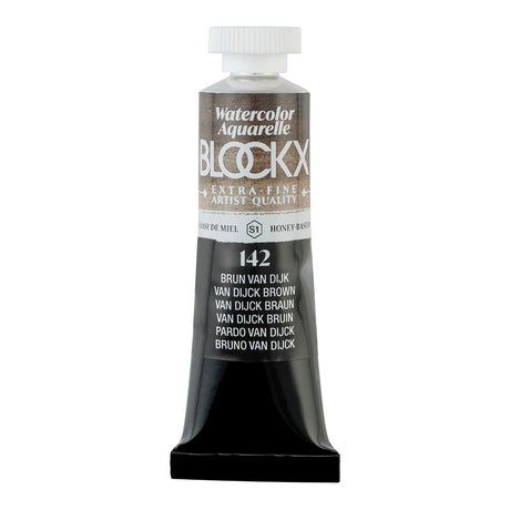 15ml tube of BLOCKX Watercolour in S1 142 Van Dijk Brown, showcasing rich, warm tones and light-resistant pigments.