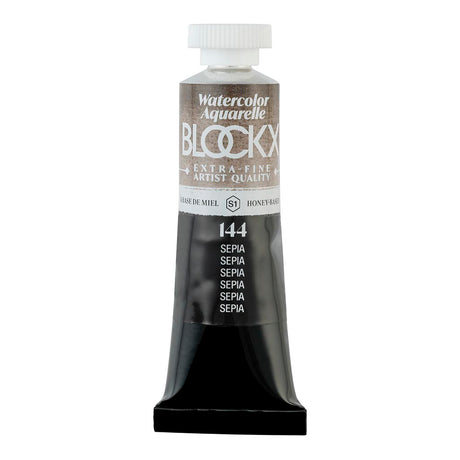 15ml BLOCKX Watercolour tube in Sepia, featuring vibrant, light-resistant pigments for rich, warm tones in artwork.