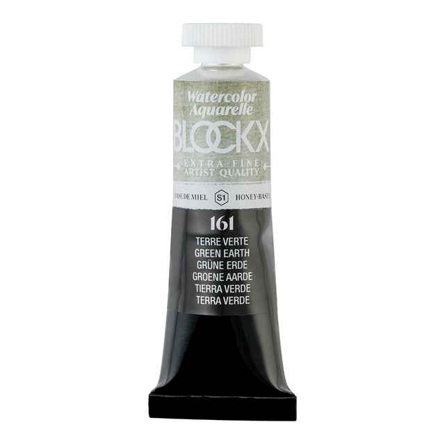 15ml BLOCKX Watercolour Tube in Green Earth, featuring light-resistant pigments for vibrant, translucent art.