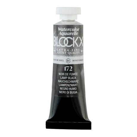 BLOCKX 15ml watercolour tube in Lamp Black, featuring light-resistant pigments for vibrant, deep black hues.