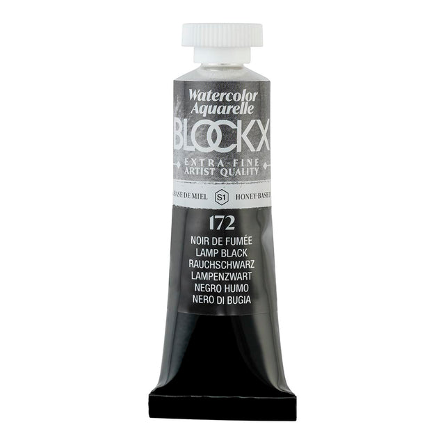 BLOCKX 15ml watercolour tube in Lamp Black, featuring light-resistant pigments for vibrant, deep black hues.