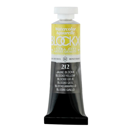 BLOCKX Watercolour Tube 15ml in bright Blockx Yellow, featuring light-resistant pigments for vibrant, semi-transparent artwork.