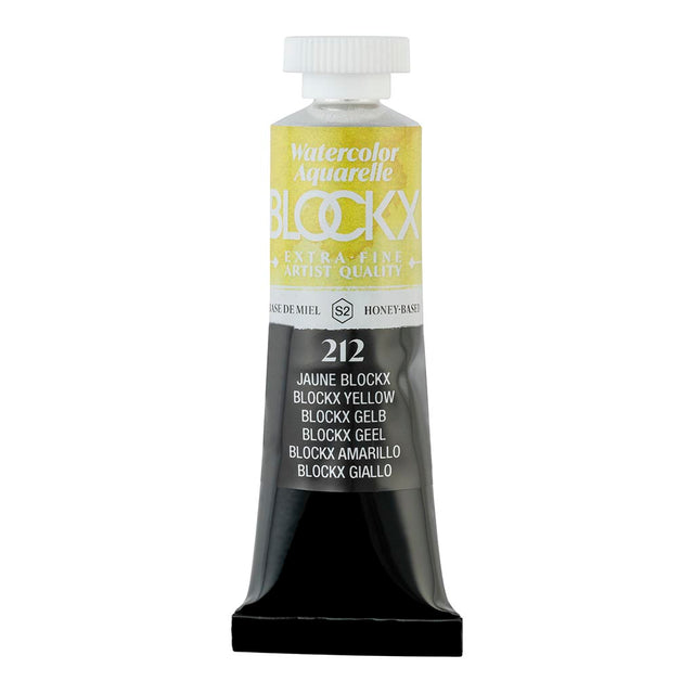 BLOCKX Watercolour Tube 15ml in bright Blockx Yellow, featuring light-resistant pigments for vibrant, semi-transparent artwork.