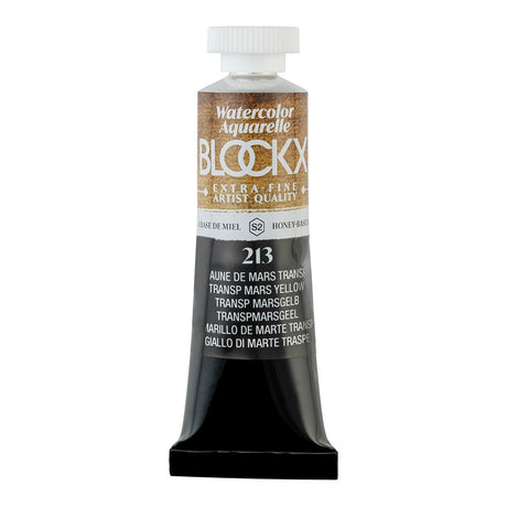 15ml BLOCKX Watercolour Tube in Transparent Mars Yellow, ideal for vibrant washes and intricate detailing in art.