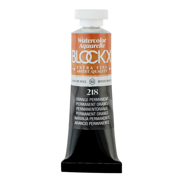 BLOCKX 15ml watercolour tube in Permanent Orange, featuring vibrant semi-opaque pigment for artists seeking brilliance.