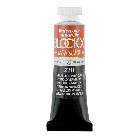 15ml tube of BLOCKX Pyrrolo Vermilion watercolour, light-resistant, semi-opaque pigment for vibrant, long-lasting artworks.