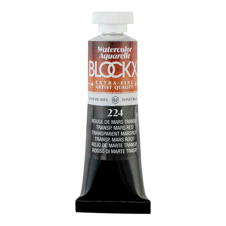 BLOCKX 15ml watercolour tube in Transparent Mars Red, featuring vibrant pigmentation and durability for artists.