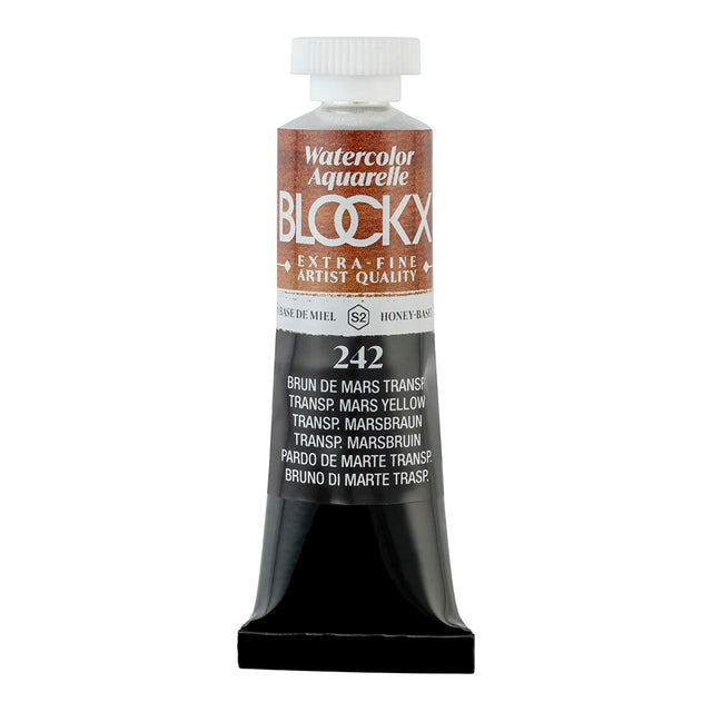 BLOCKX 15ml watercolour tube in Transparent Mars Brown, featuring lightfast, vibrant pigments for professional artistry.