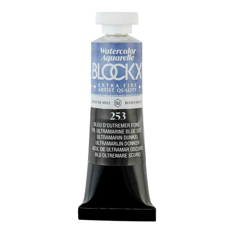 15ml tube of BLOCKX Deep Ultramarine Blue watercolour, featuring light-resistant pigments for vibrant, long-lasting art.