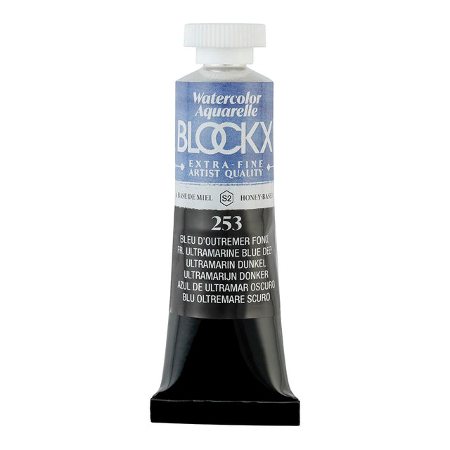 15ml tube of BLOCKX Deep Ultramarine Blue watercolour, featuring light-resistant pigments for vibrant, long-lasting art.