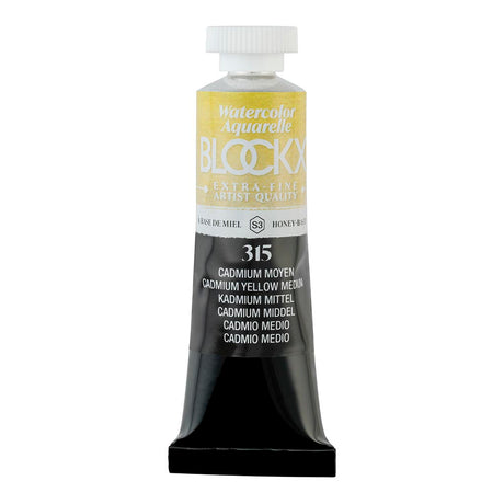 15ml tube of BLOCKX Medium Cadmium Yellow watercolor, vibrant, light-resistant, perfect for various artistic styles.