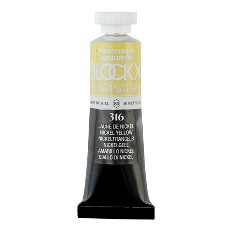 Vibrant 15ml tube of BLOCKX 316 Nickel Yellow watercolour, featuring rare light-resistant pigments for brilliant artworks.