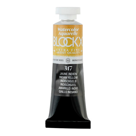 BLOCKX 15ml Indian Yellow watercolor tube, vibrant semi-transparent pigment with high light resistance for artists.