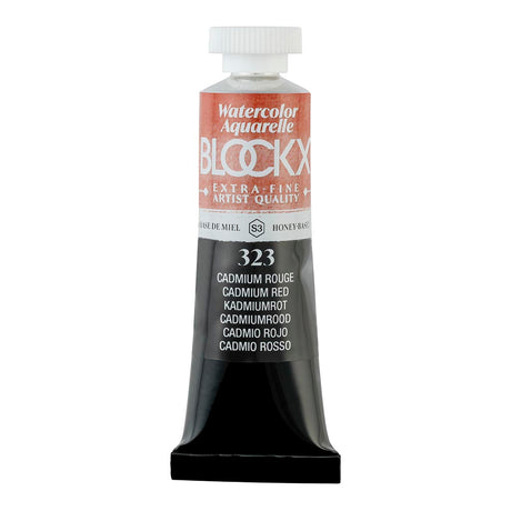 Vibrant 15ml BLOCKX Cadmium Red watercolour tube, made with light-resistant pigments for brilliant artworks.