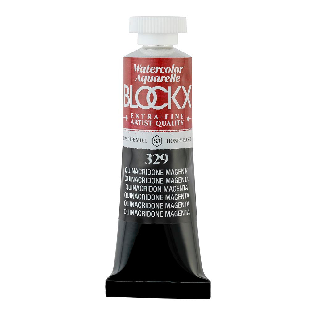 BLOCKX 15ml watercolour tube featuring vibrant Quinacridone Magenta, ideal for artists seeking lightfast and blending ease.