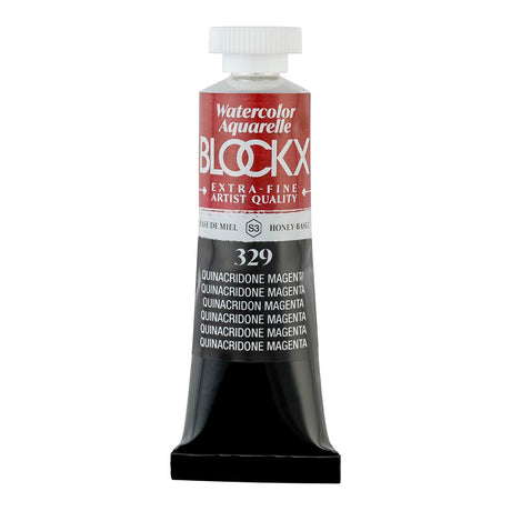 BLOCKX 15ml watercolour tube featuring vibrant Quinacridone Magenta, ideal for artists seeking lightfast and blending ease.