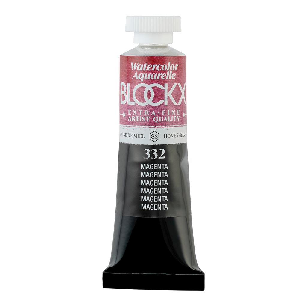 15ml BLOCKX Watercolour Tube in 332 Magenta, showcasing intense, luminous, light-resistant pigment perfect for layering.