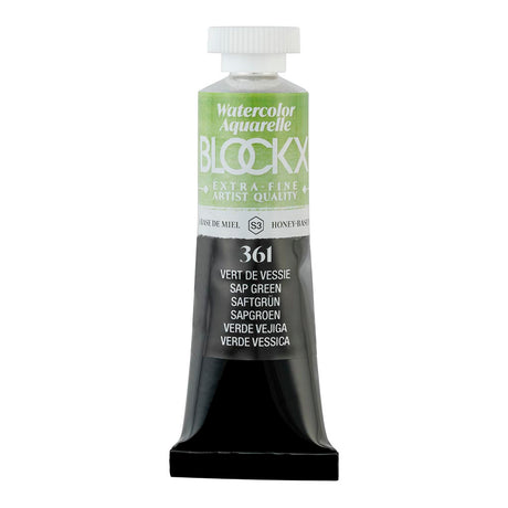 BLOCKX 15ml Watercolour Tube in Sap Green, featuring light-resistant pigments for vibrant, blendable art.