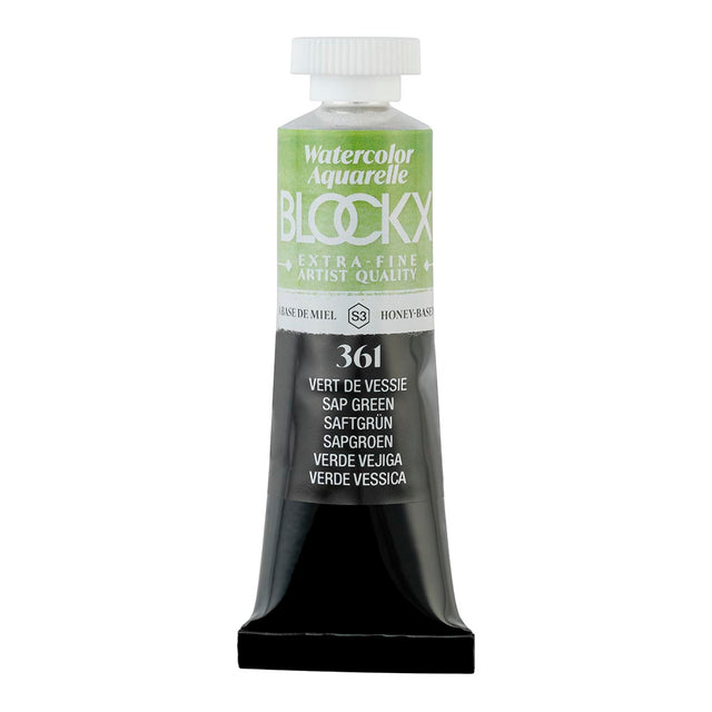 BLOCKX 15ml Watercolour Tube in Sap Green, featuring light-resistant pigments for vibrant, blendable art.