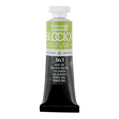 15ml tube of BLOCKX Watercolour in 363 Golden Green, featuring light-resistant pigments for vibrant and durable artwork.