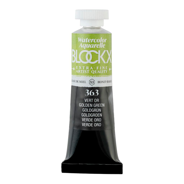 15ml tube of BLOCKX Watercolour in 363 Golden Green, featuring light-resistant pigments for vibrant and durable artwork.