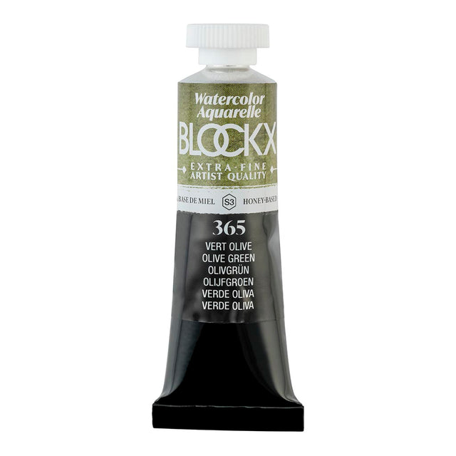BLOCKX 15ml Olive Green watercolor tube, featuring light-resistant pigments for vibrant, high-quality artwork.