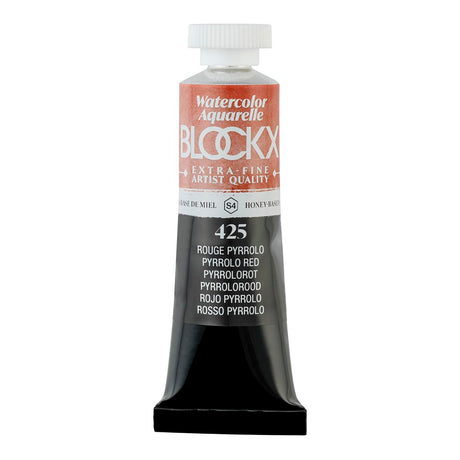 15ml tube of BLOCKX Pyrrolo Red watercolour, featuring vibrant, semi-transparent pigment for stunning watercolor art.