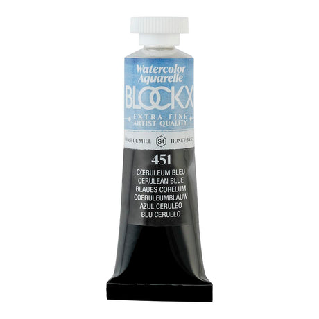 BLOCKX 15ml watercolour tube in Cerulean Blue, featuring vibrant, light-resistant pigment for stunning artwork.