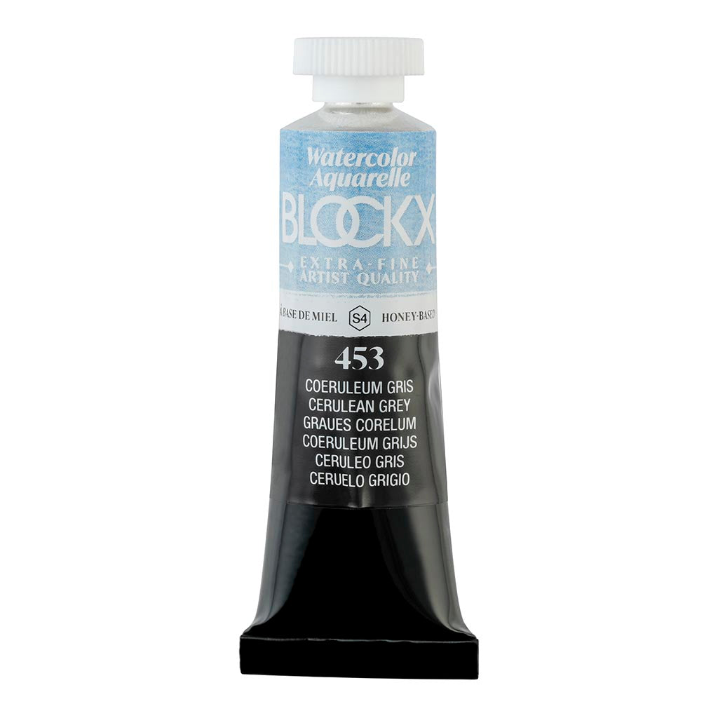 BLOCKX 15ml Watercolour Tube in Cerulean Grey, featuring high-quality, lightfast pigments for vibrant landscapes and skies.