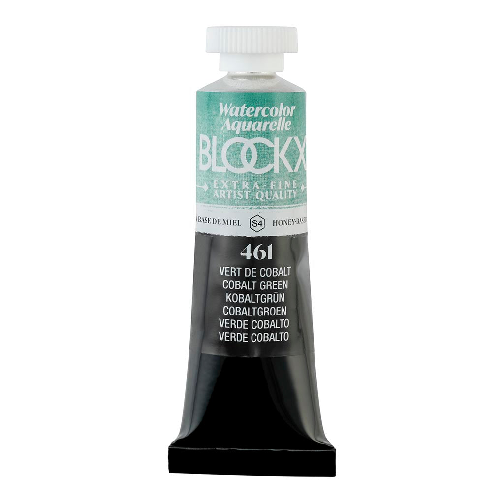 BLOCKX 15ml watercolour tube in Cobalt Green, featuring light-resistant pigments for vibrant, semi-opaque artistry.