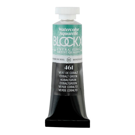 BLOCKX 15ml watercolour tube in Cobalt Green, featuring light-resistant pigments for vibrant, semi-opaque artistry.