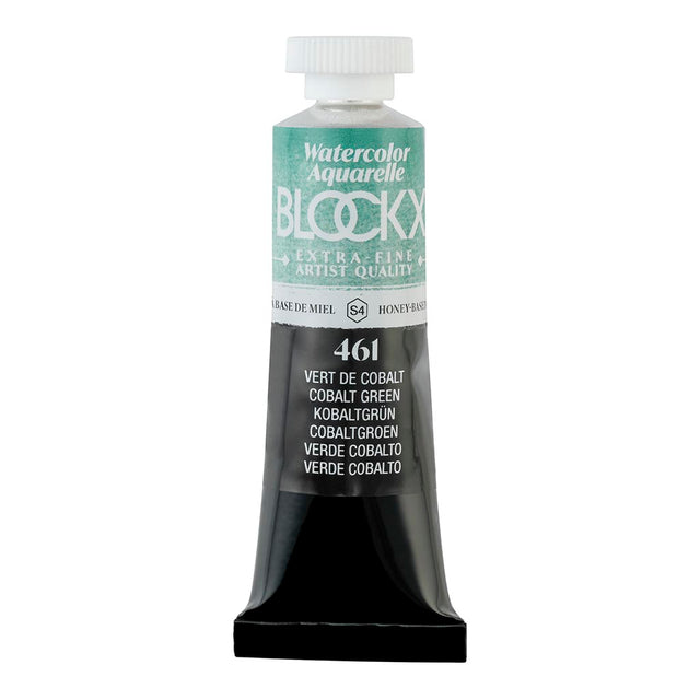 BLOCKX 15ml watercolour tube in Cobalt Green, featuring light-resistant pigments for vibrant, semi-opaque artistry.