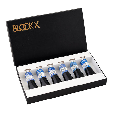 BLOCKX Watercolour Tube Set, 6 vibrant blue shades, 15ml each, crafted for artists seeking quality and luminosity.