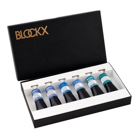 BLOCKX 15ml Watercolour Tube Set featuring vibrant cobalt shades for artists, including Cobalt Blue and Turquoise Green.