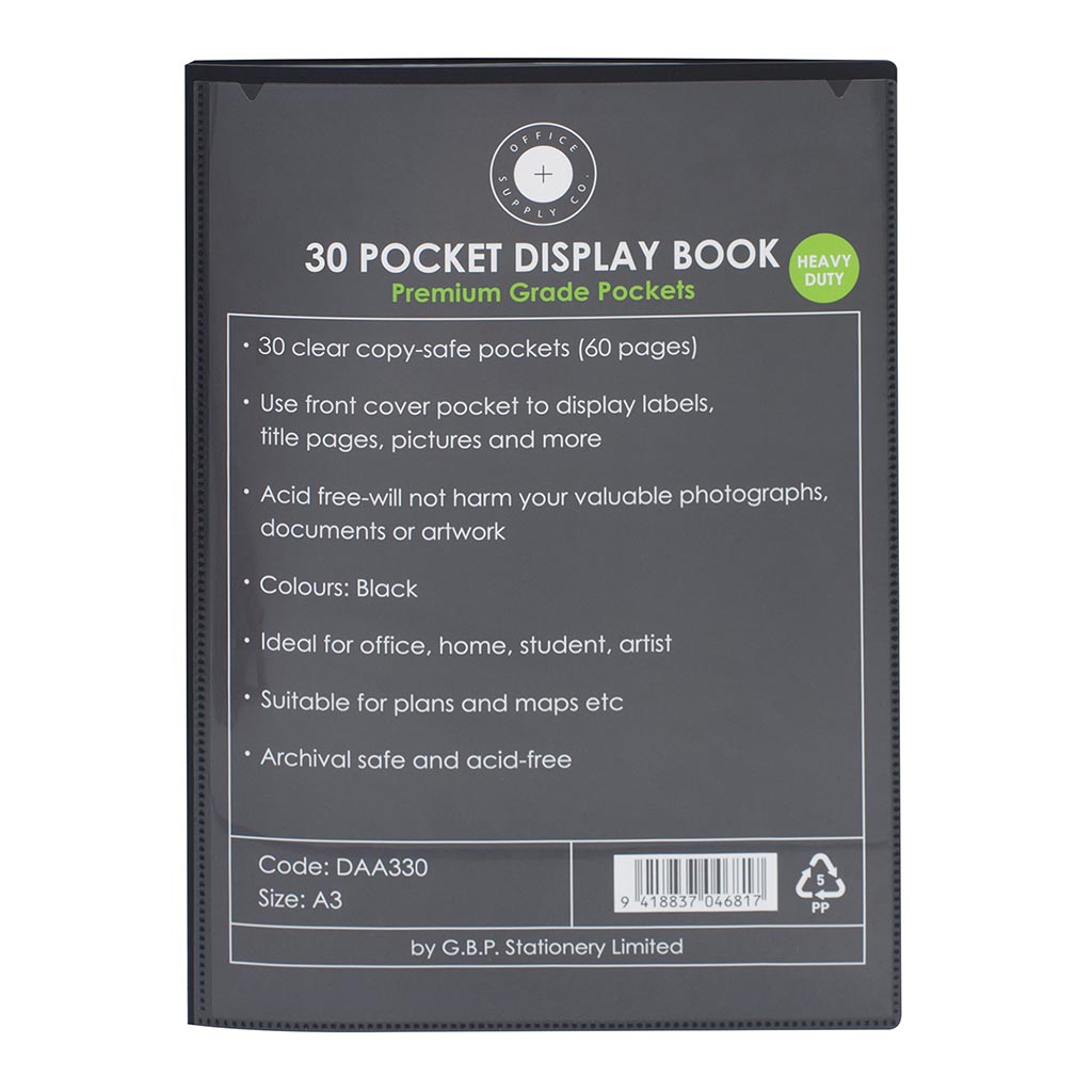 A3 black display book with 30 pockets for organizing and protecting documents, ideal for presentations or portfolios.