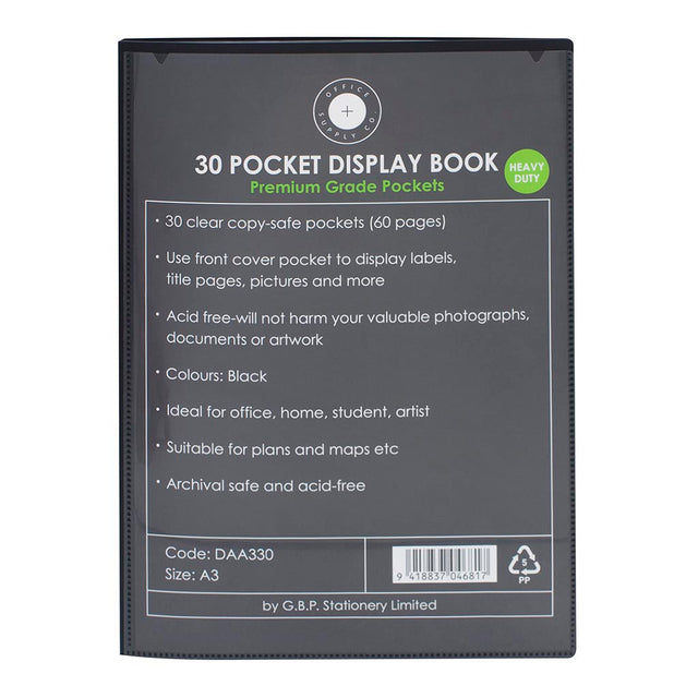 A3 black display book with 30 pockets for organizing and protecting documents, ideal for presentations or portfolios.