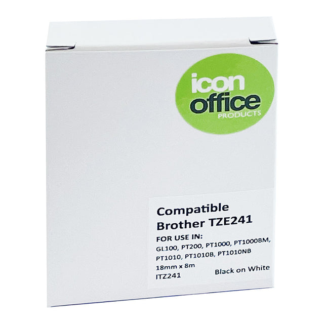 Icon Compatible Brother TZ Tape, 18mm Black on White, ideal for durable labeling in home or office use.