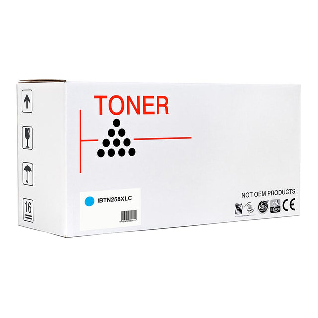 Icon Compatible Brother TN258XL Cyan Toner Cartridge for vibrant prints, yields up to 2,300 pages, easy to replace.